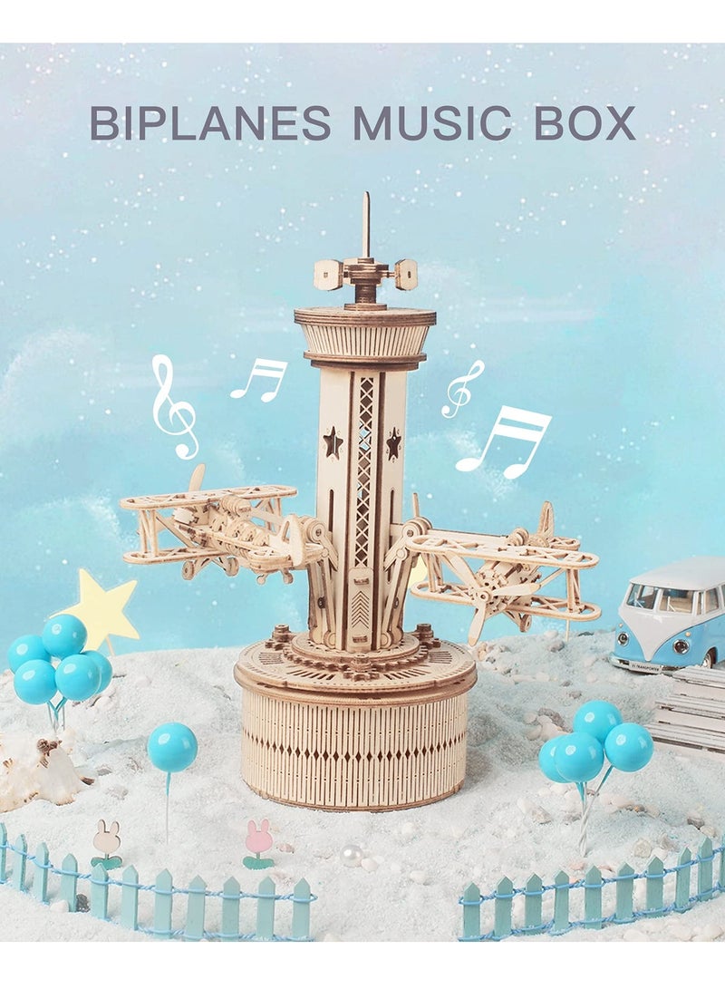 3D Wooden Puzzle Airplane Tower Music Box - DIY Mechanical Biplane Toys Building Kit 10 - Image 5